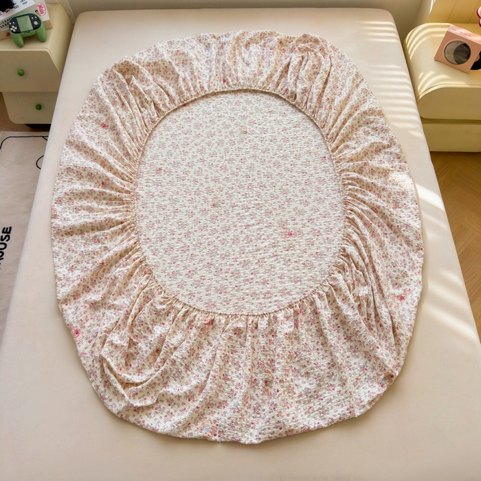 91家纺网 家纺一手货源 找家纺 梵朴 2026新款A类泡芙棉云感木棉邹邹纱双层纱床笠三件套 紫花免