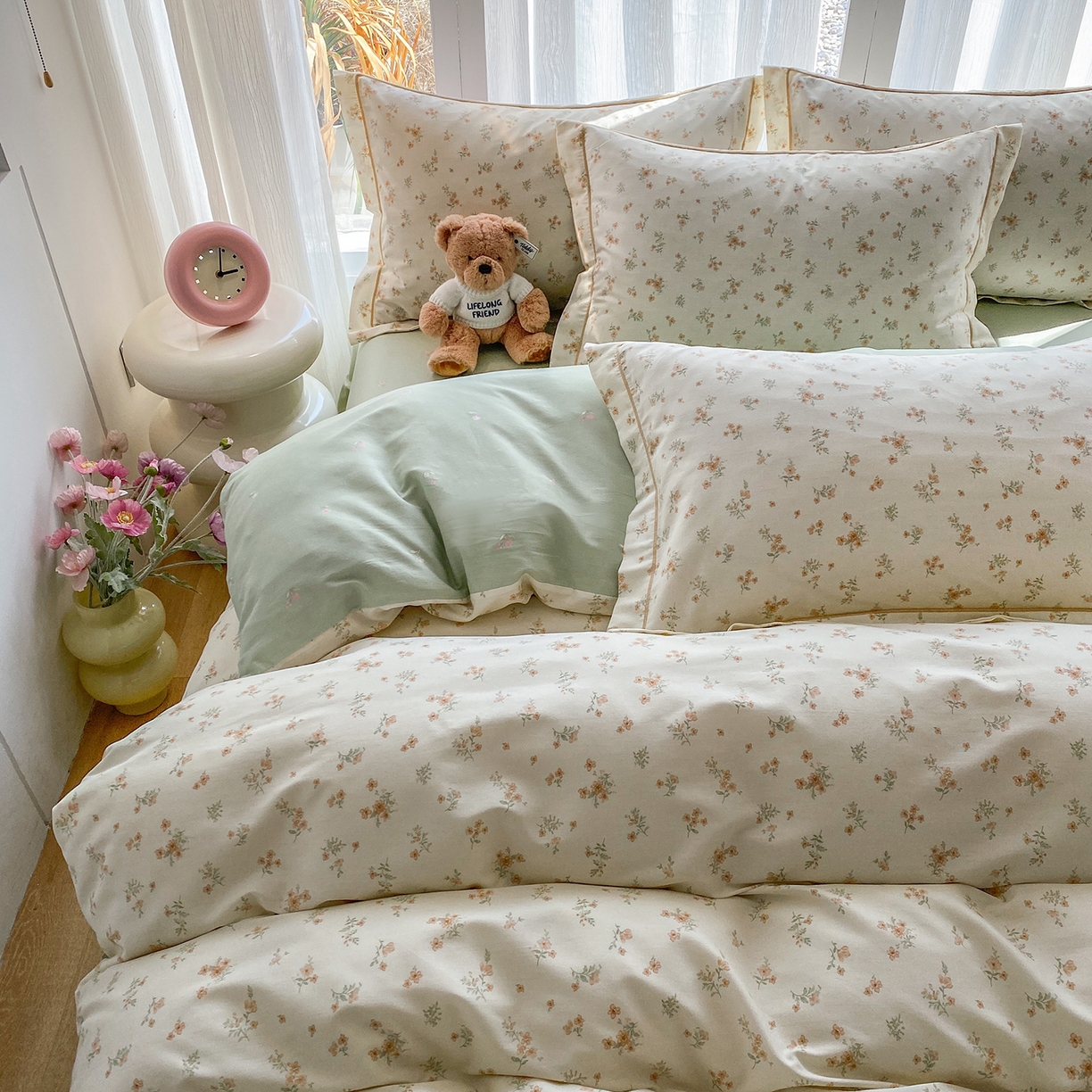 91家纺网 家纺一手货源 找家纺 钰锦铂2026新款直播爆款全棉四件套13070吊边床单一字绣印花纯棉三件套四件套 春茶弥香-桔