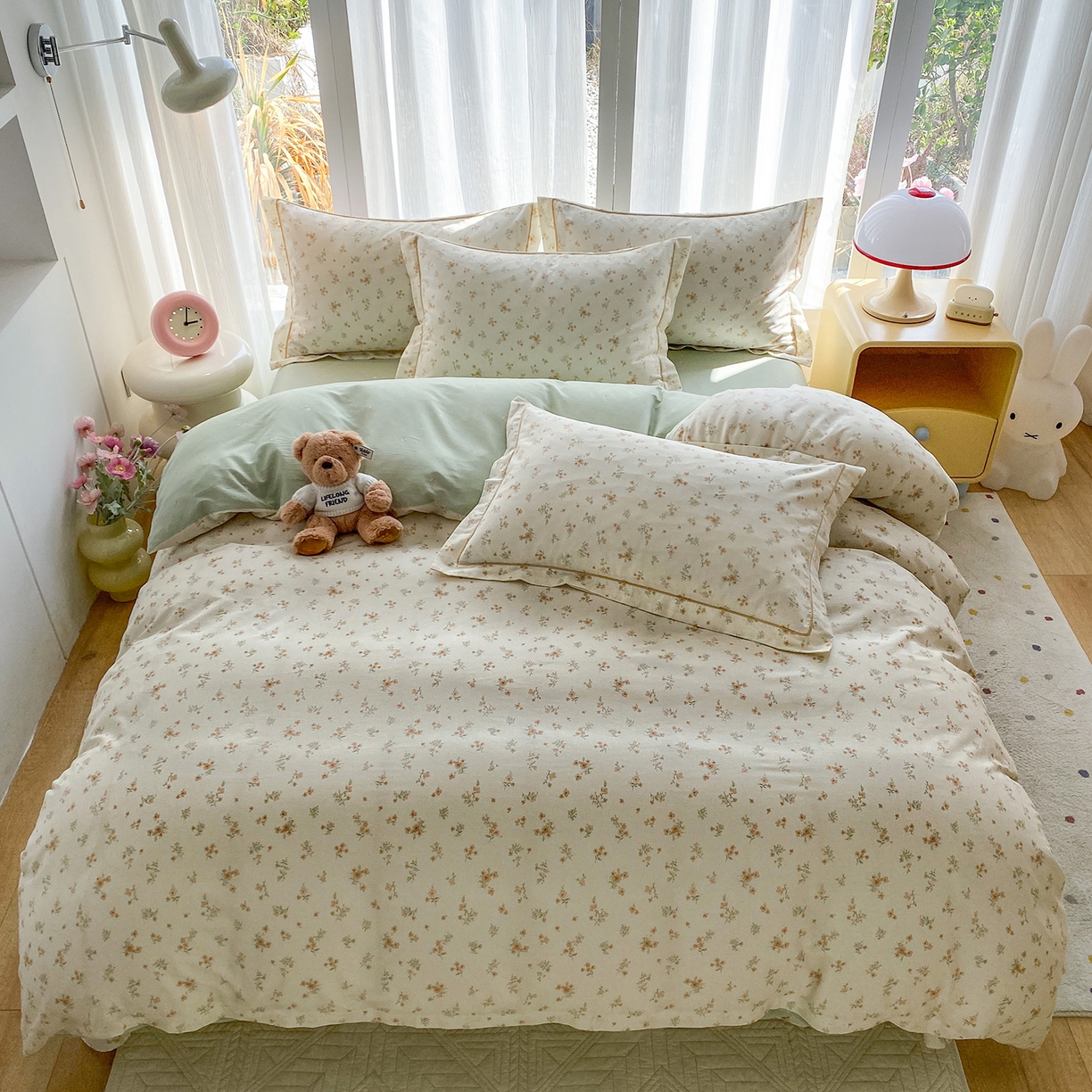 91家纺网 家纺一手货源 找家纺 钰锦铂2026新款直播爆款全棉四件套13070吊边床单一字绣印花纯棉三件套四件套 春茶弥香-桔