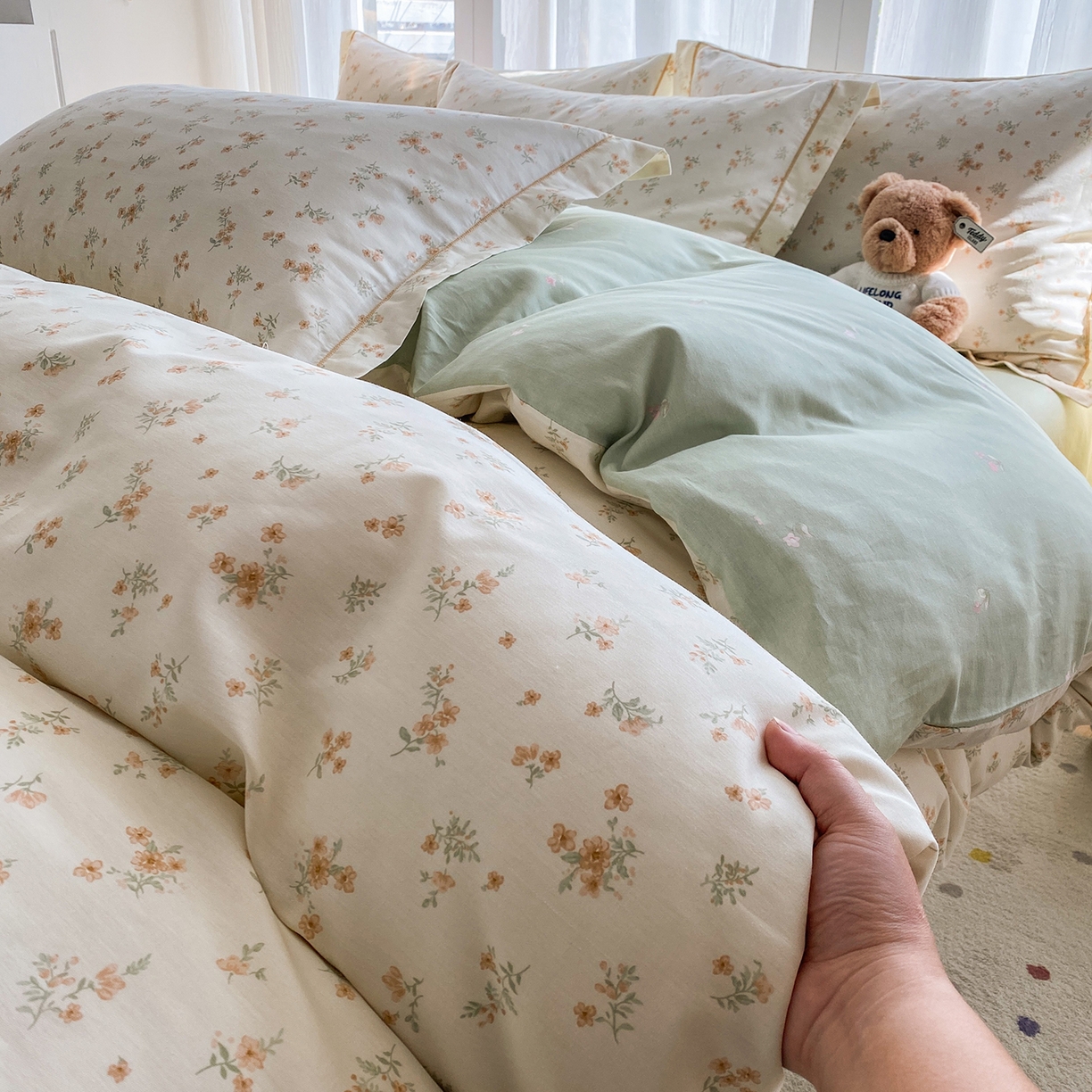 91家纺网 家纺一手货源 找家纺 钰锦铂2026新款直播爆款全棉四件套13070吊边床单一字绣印花纯棉三件套四件套 春茶弥香-桔