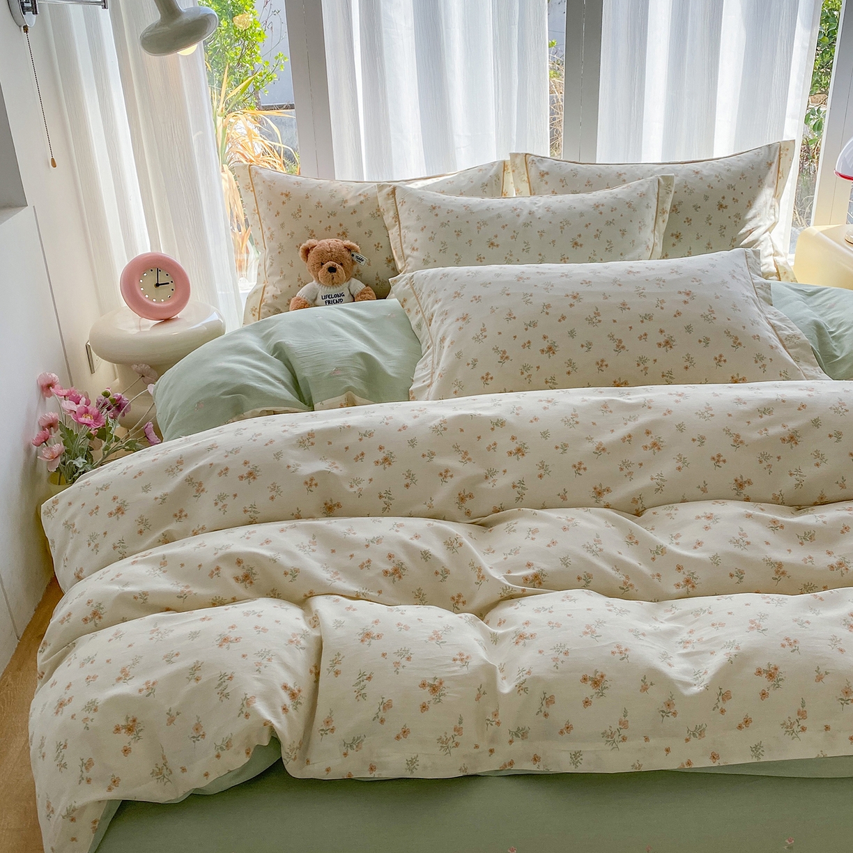 91家纺网 家纺一手货源 找家纺 钰锦铂2026新款直播爆款全棉四件套13070吊边床单一字绣印花纯棉三件套四件套 春茶弥香-桔