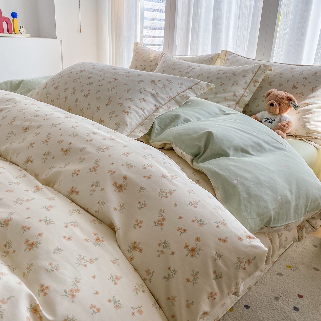 91家纺网 家纺一手货源 找家纺 钰锦铂2026新款直播爆款全棉四件套13070吊边床单一字绣印花纯棉三件套四件套 春茶弥香-桔