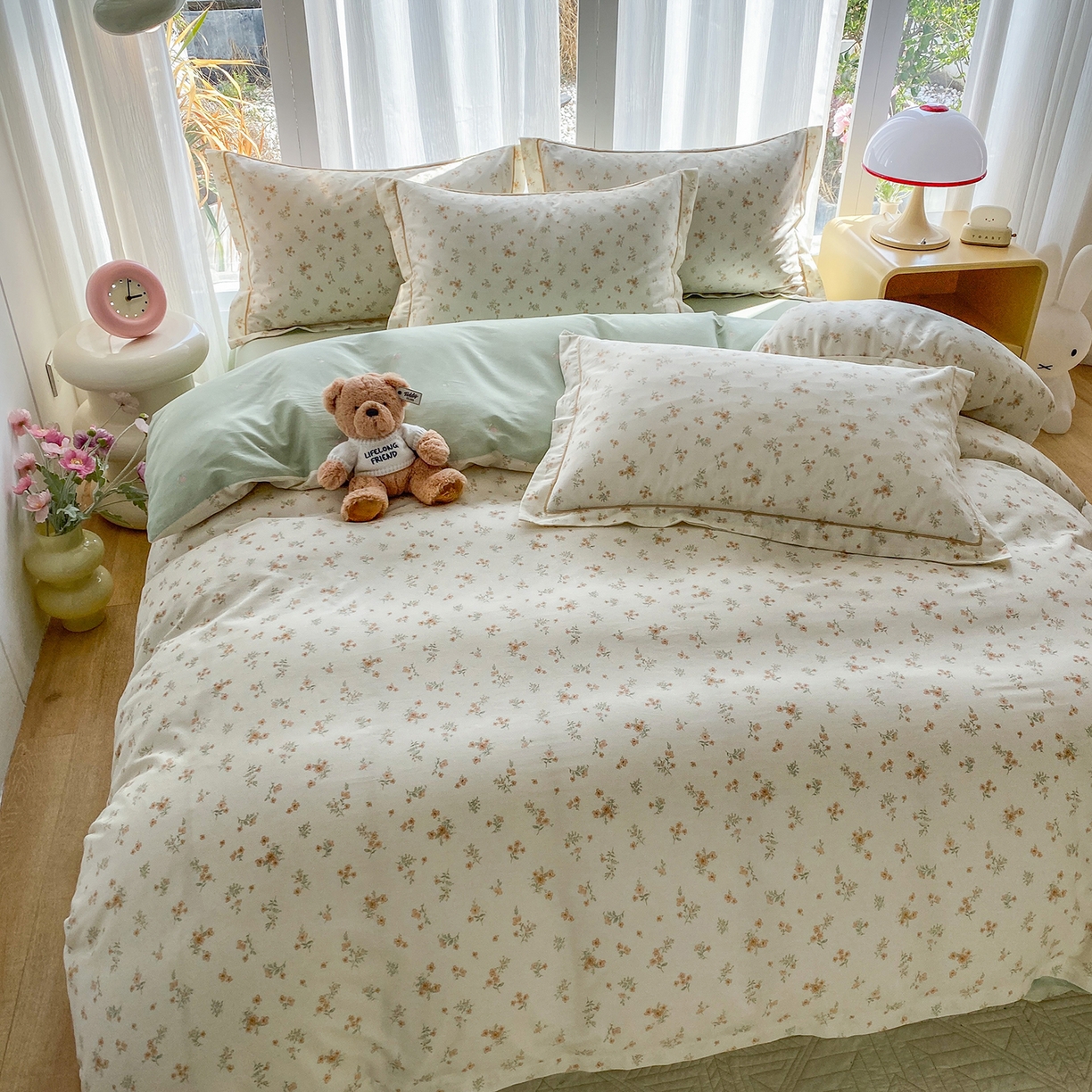 91家纺网 家纺一手货源 找家纺 钰锦铂2026新款直播爆款全棉四件套13070吊边床单一字绣印花纯棉三件套四件套 春茶弥香-桔