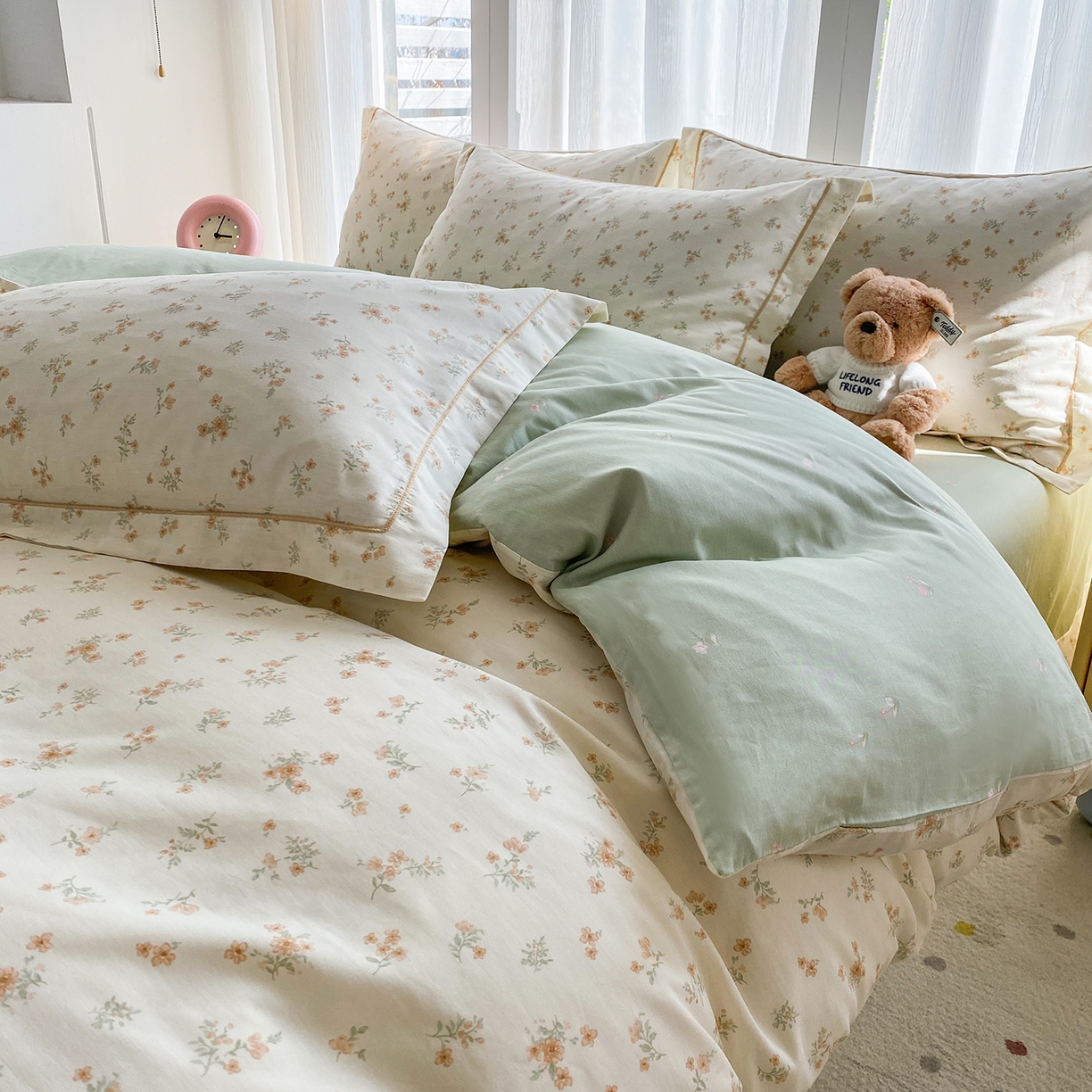 91家纺网 家纺一手货源 找家纺 钰锦铂2026新款直播爆款全棉四件套13070吊边床单一字绣印花纯棉三件套四件套 春茶弥香-桔