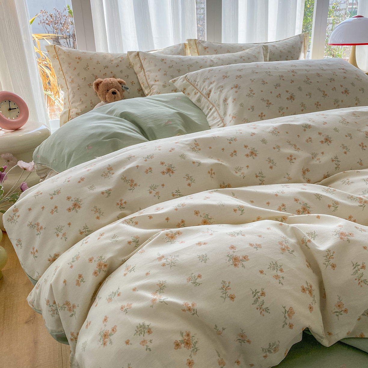 91家纺网 家纺一手货源 找家纺 钰锦铂2026新款直播爆款全棉四件套13070吊边床单一字绣印花纯棉三件套四件套 春茶弥香-桔