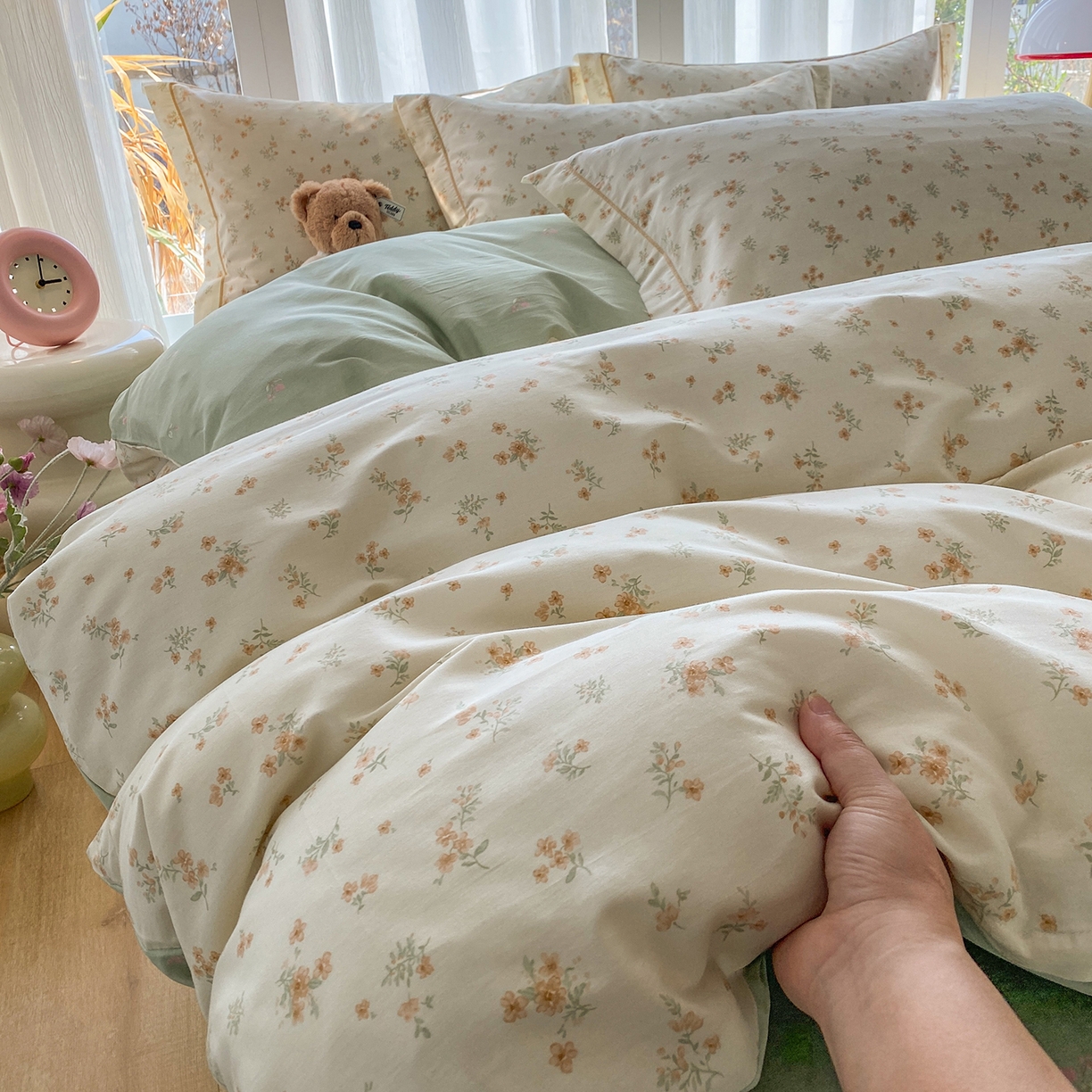 91家纺网 家纺一手货源 找家纺 钰锦铂2026新款直播爆款全棉四件套13070吊边床单一字绣印花纯棉三件套四件套 春茶弥香-桔