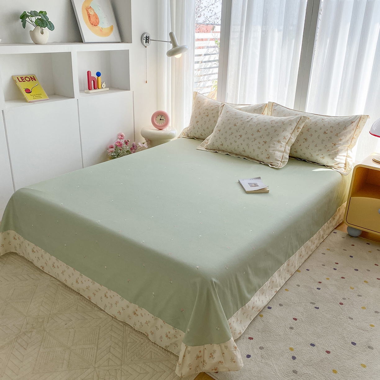 91家纺网 家纺一手货源 找家纺 钰锦铂2026新款直播爆款全棉四件套13070吊边床单一字绣印花纯棉三件套四件套 春茶弥香-桔