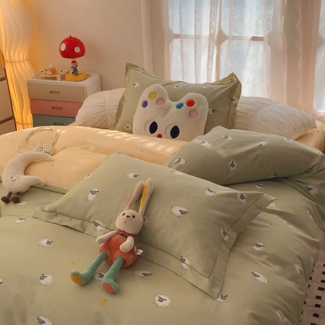 91家纺网 家纺一手货源 找家纺 奈萝家纺 2025新款全棉纯棉小清新印花四件套-第二波 小羊肖恩