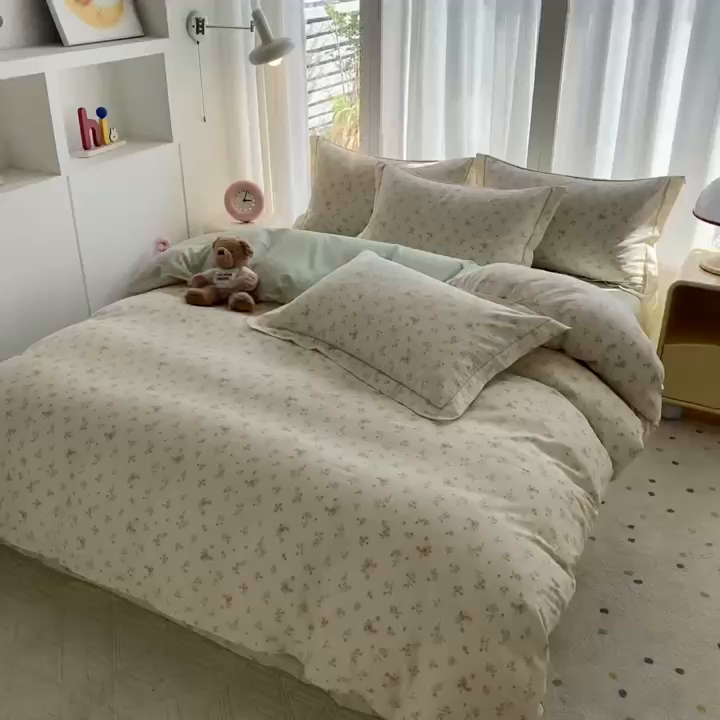 91家纺网 家纺一手货源 找家纺 钰锦铂2026新款直播爆款全棉四件套13070吊边床单一字绣印花纯棉三件套四件套 春茶弥香-桔