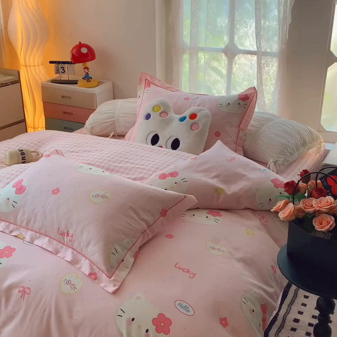 91家纺网 家纺一手货源 找家纺 奈萝家纺 2025新款全棉纯棉小清新印花四件套-第二波 小猫咪