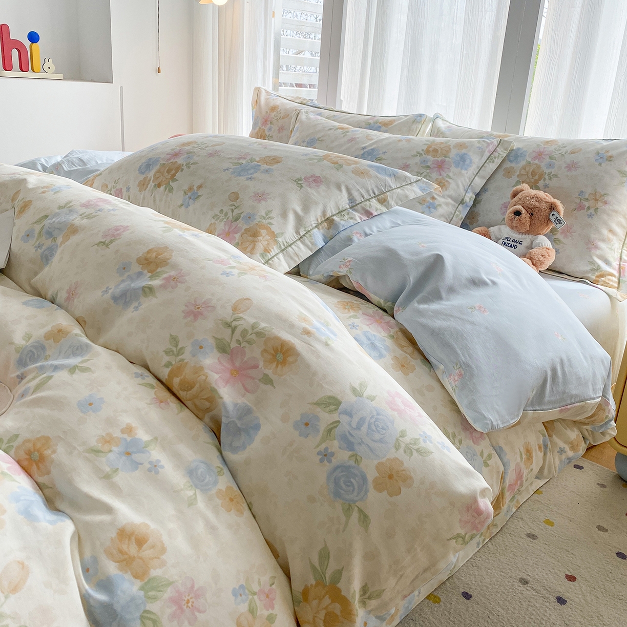 91家纺网 家纺一手货源 找家纺 钰锦铂2026新款直播爆款全棉四件套13070吊边床单一字绣印花纯棉三件套四件套 花萃清风-兰