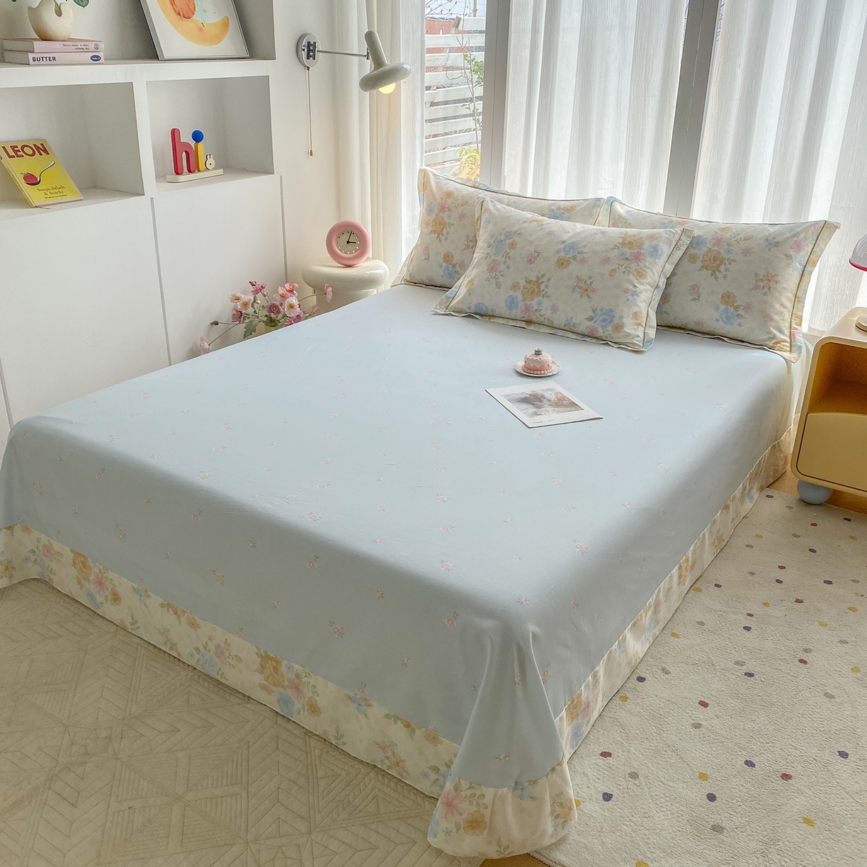 91家纺网 家纺一手货源 找家纺 钰锦铂2026新款直播爆款全棉四件套13070吊边床单一字绣印花纯棉三件套四件套 花萃清风-兰