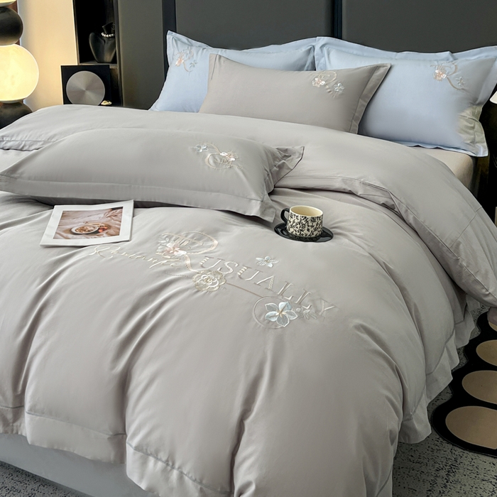 91家纺网 家纺一手货源 找家纺 AB家纺  2026年新款全棉绣花四件套—春妍 春妍-银灰