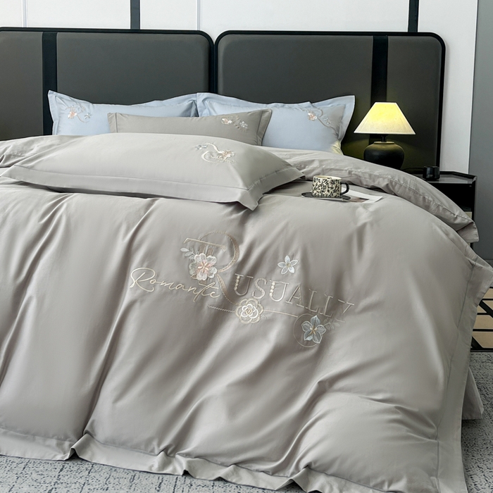 91家纺网 家纺一手货源 找家纺 AB家纺  2026年新款全棉绣花四件套—春妍 春妍-银灰