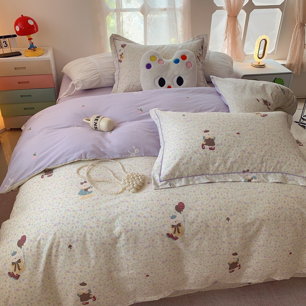 91家纺网 家纺一手货源 找家纺 奈萝家纺 2025新款全棉纯棉小清新印花四件套-第二波 小花熊