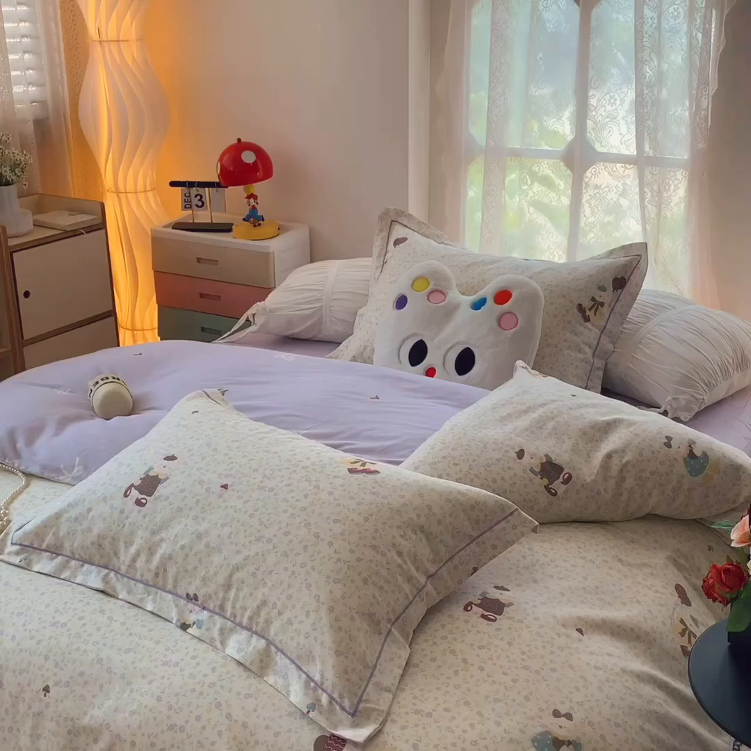 91家纺网 家纺一手货源 找家纺 奈萝家纺 2025新款全棉纯棉小清新印花四件套-第二波 小花熊