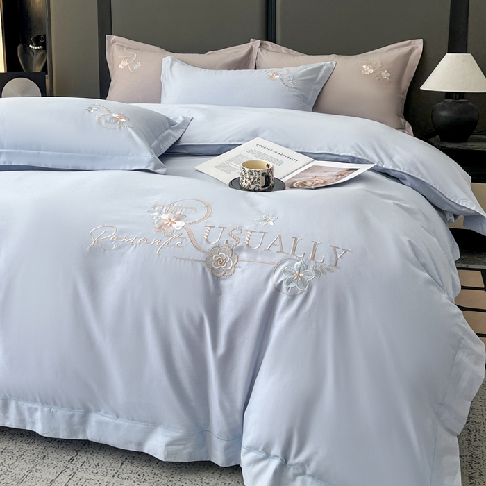 91家纺网 家纺一手货源 找家纺 AB家纺  2026年新款全棉绣花四件套—春妍 春妍-浅蓝