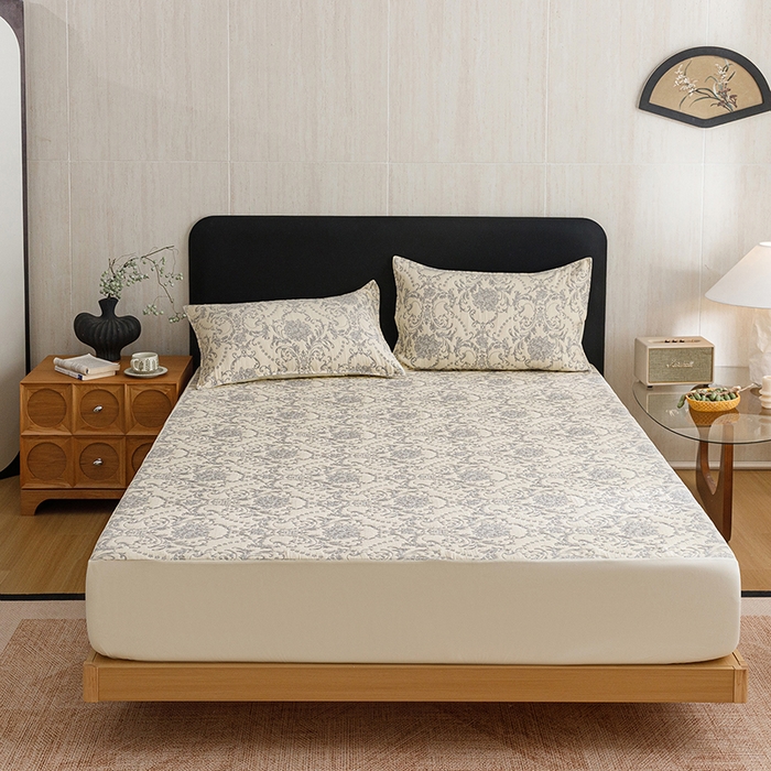 悦然毛巾被 2026新款全棉三层纱加厚纱布枕套床笠三件套 欧韵米白