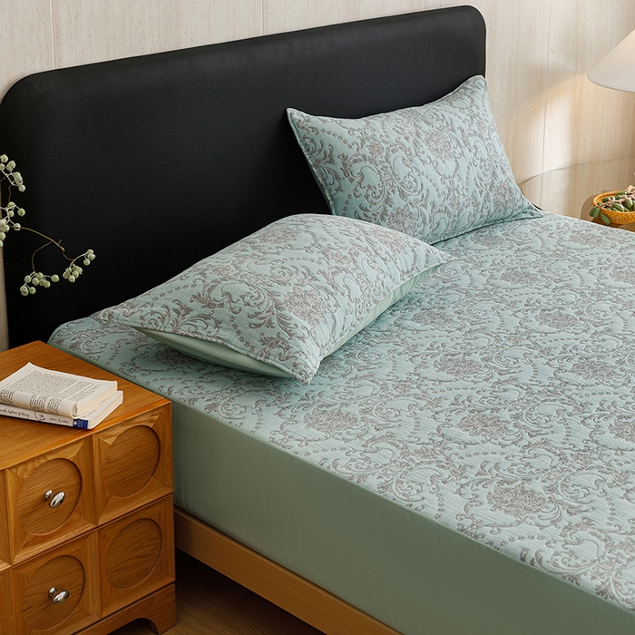 91家纺网 家纺一手货源 找家纺 悦然毛巾被 2026新款全棉三层纱加厚纱布枕套床笠三件套 清禾蓝