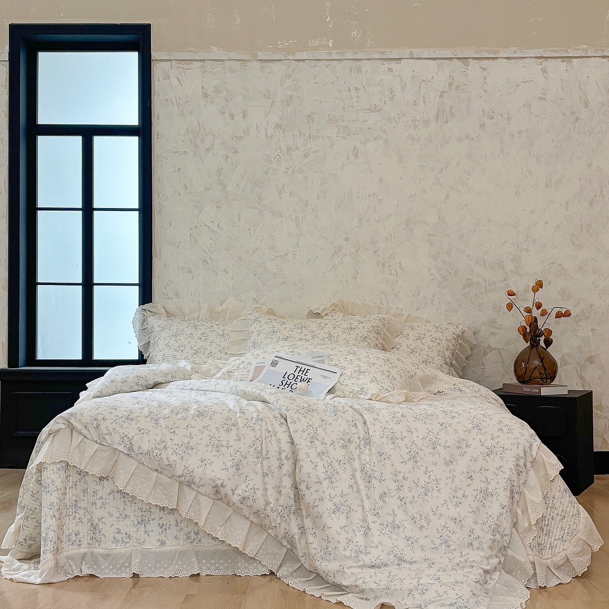 91家纺网 家纺一手货源 找家纺 满座家居 2026新款法式纯棉花边全棉床盖四件套小碎花田园风 南枝