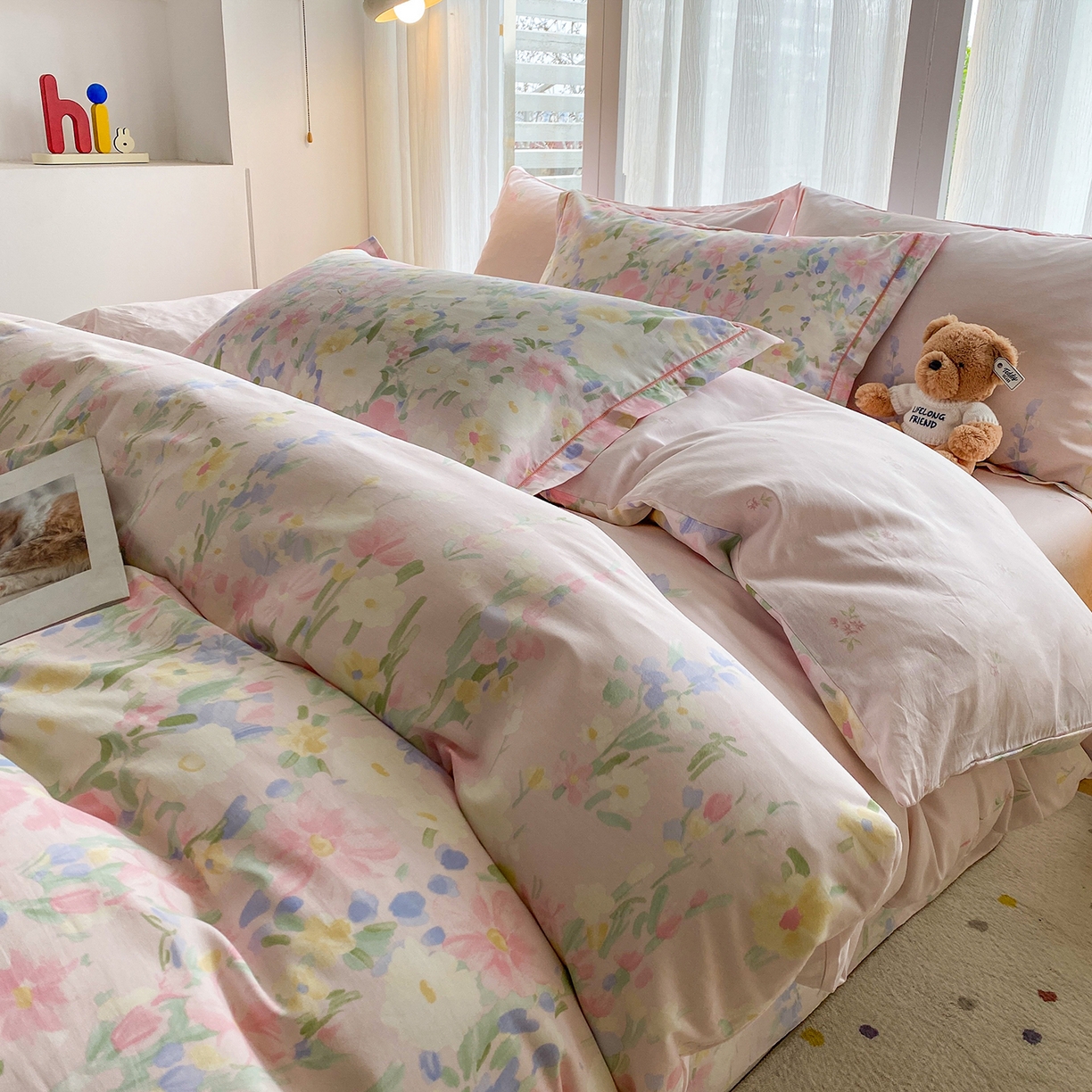 91家纺网 家纺一手货源 找家纺 钰锦铂2026新款直播爆款全棉四件套13070吊边床单一字绣印花纯棉三件套四件套 浣溪沙-粉