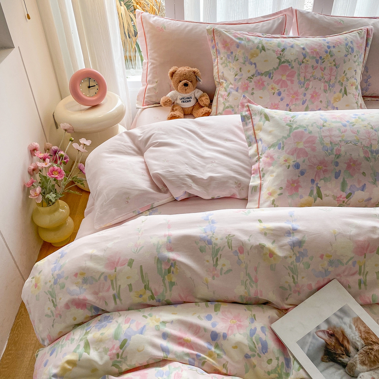 91家纺网 家纺一手货源 找家纺 钰锦铂2026新款直播爆款全棉四件套13070吊边床单一字绣印花纯棉三件套四件套 浣溪沙-粉