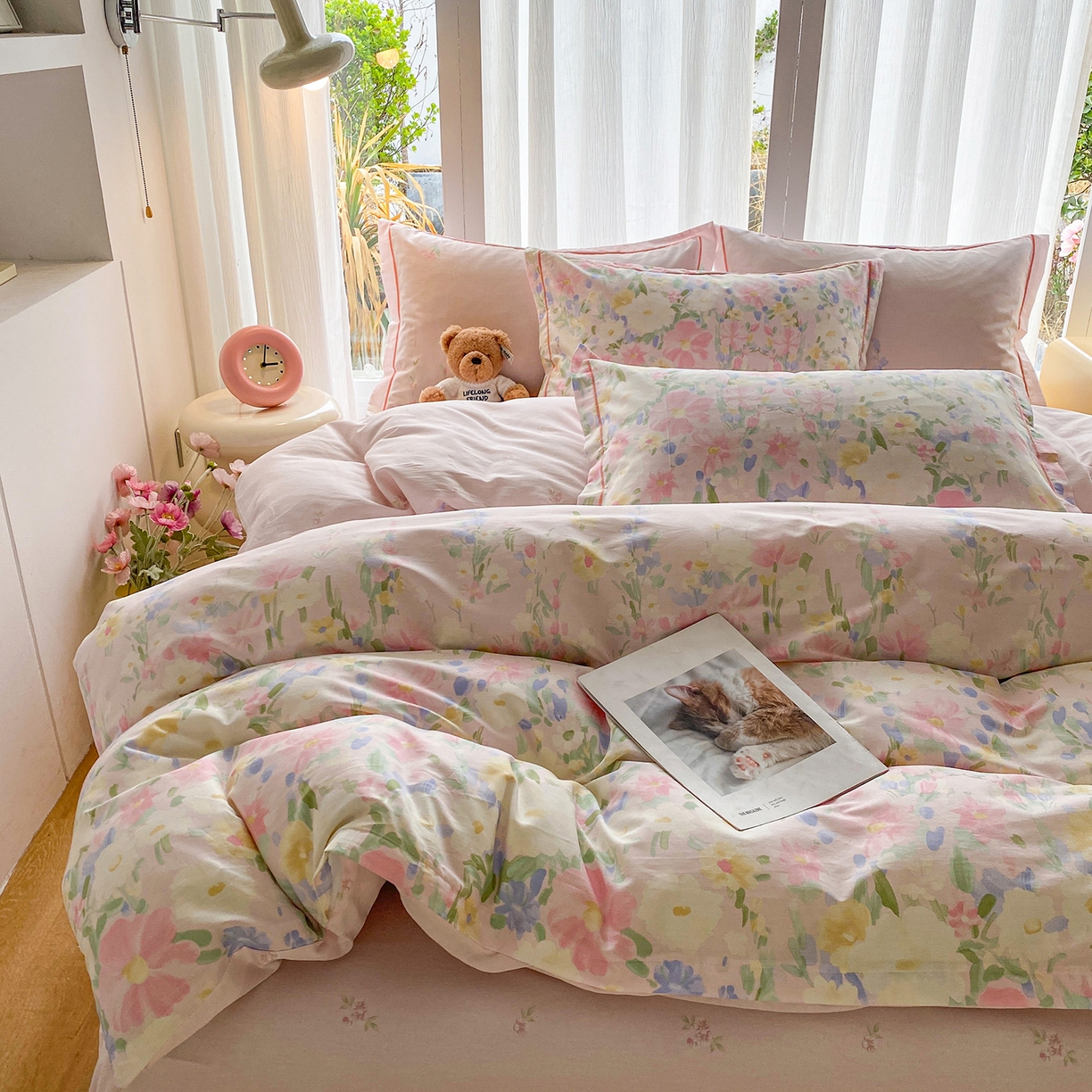 91家纺网 家纺一手货源 找家纺 钰锦铂2026新款直播爆款全棉四件套13070吊边床单一字绣印花纯棉三件套四件套 浣溪沙-粉