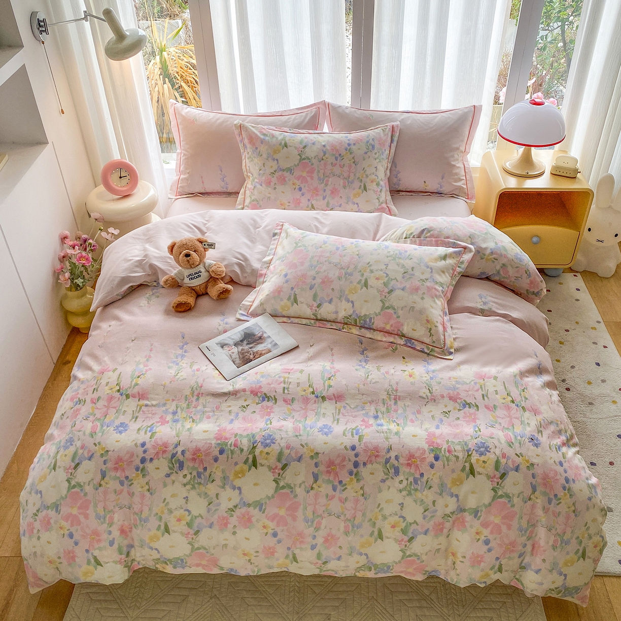 91家纺网 家纺一手货源 找家纺 钰锦铂2026新款直播爆款全棉四件套13070吊边床单一字绣印花纯棉三件套四件套 浣溪沙-粉