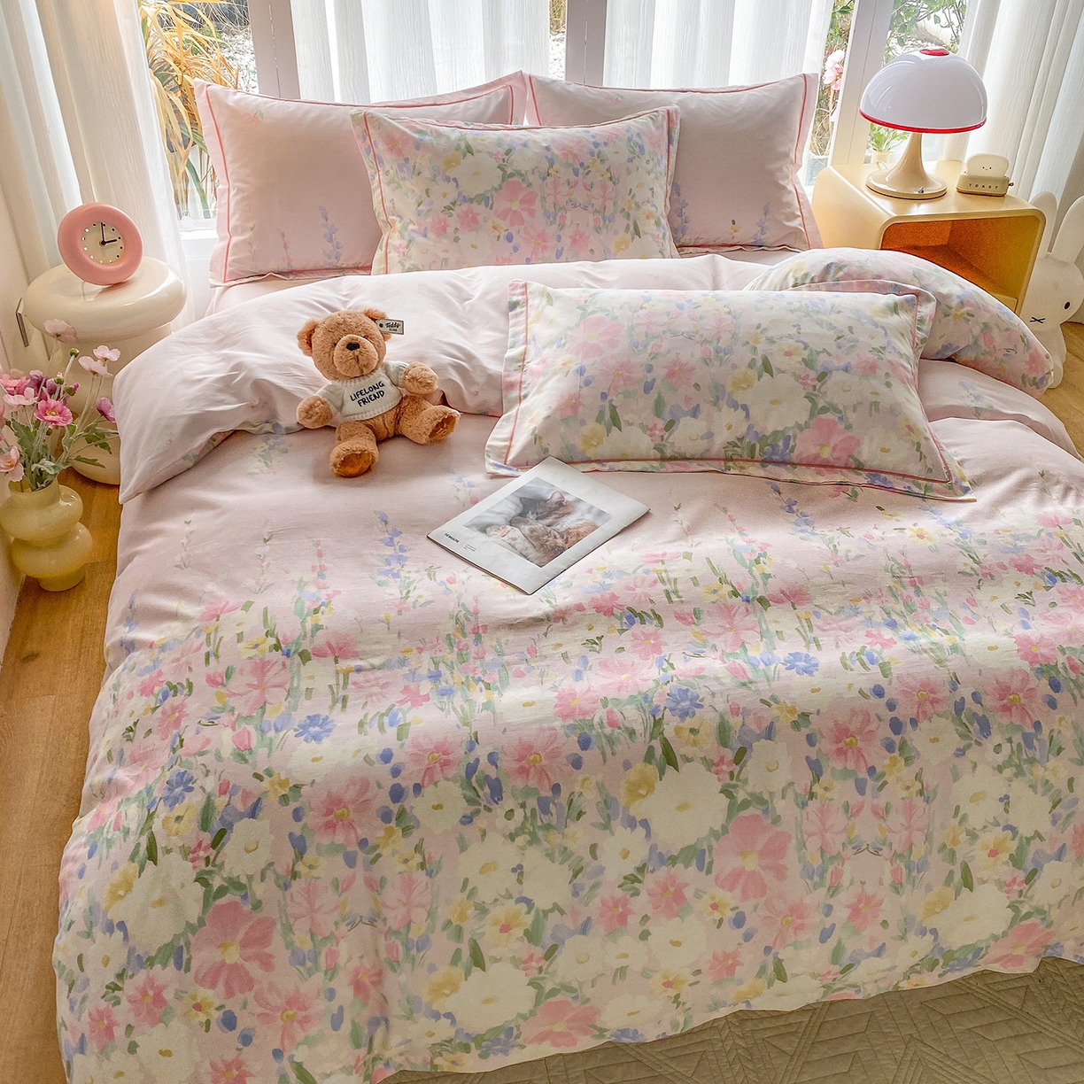 91家纺网 家纺一手货源 找家纺 钰锦铂2026新款直播爆款全棉四件套13070吊边床单一字绣印花纯棉三件套四件套 浣溪沙-粉