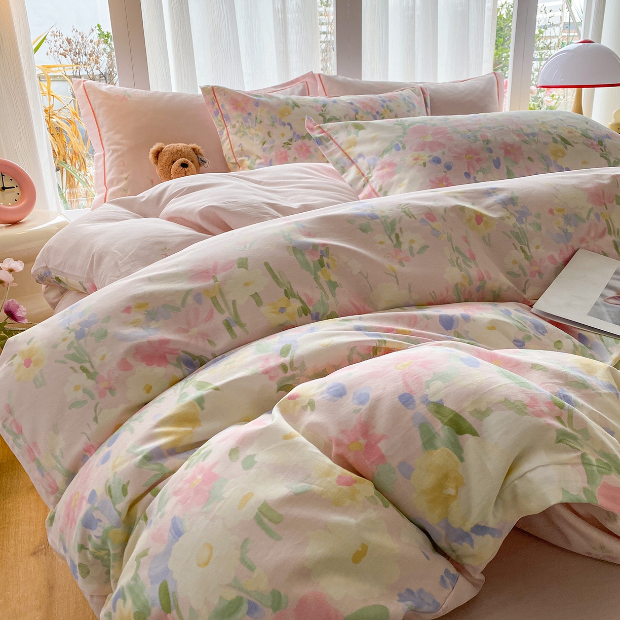 91家纺网 家纺一手货源 找家纺 钰锦铂2026新款直播爆款全棉四件套13070吊边床单一字绣印花纯棉三件套四件套 浣溪沙-粉