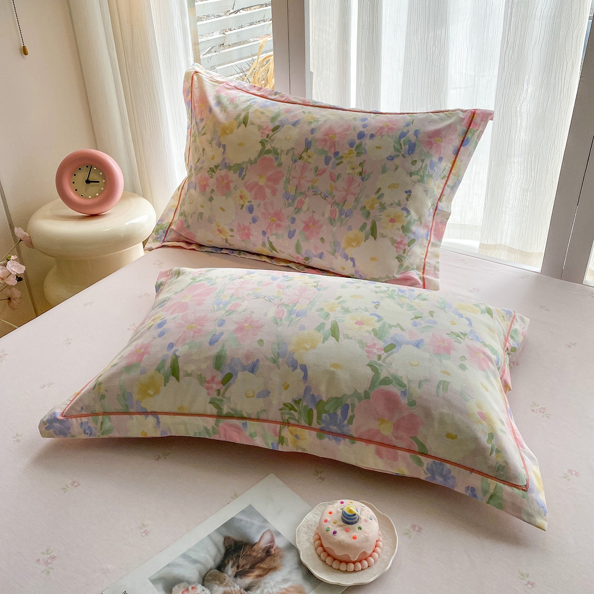 91家纺网 家纺一手货源 找家纺 钰锦铂2026新款直播爆款全棉四件套13070吊边床单一字绣印花纯棉三件套四件套 浣溪沙-粉