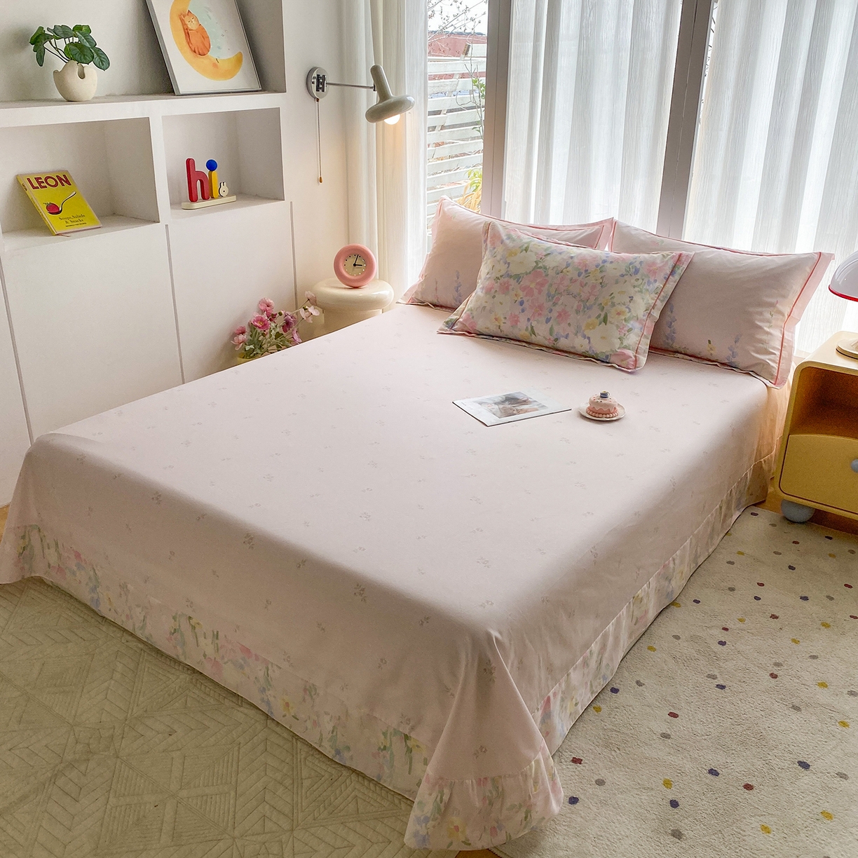 91家纺网 家纺一手货源 找家纺 钰锦铂2026新款直播爆款全棉四件套13070吊边床单一字绣印花纯棉三件套四件套 浣溪沙-粉