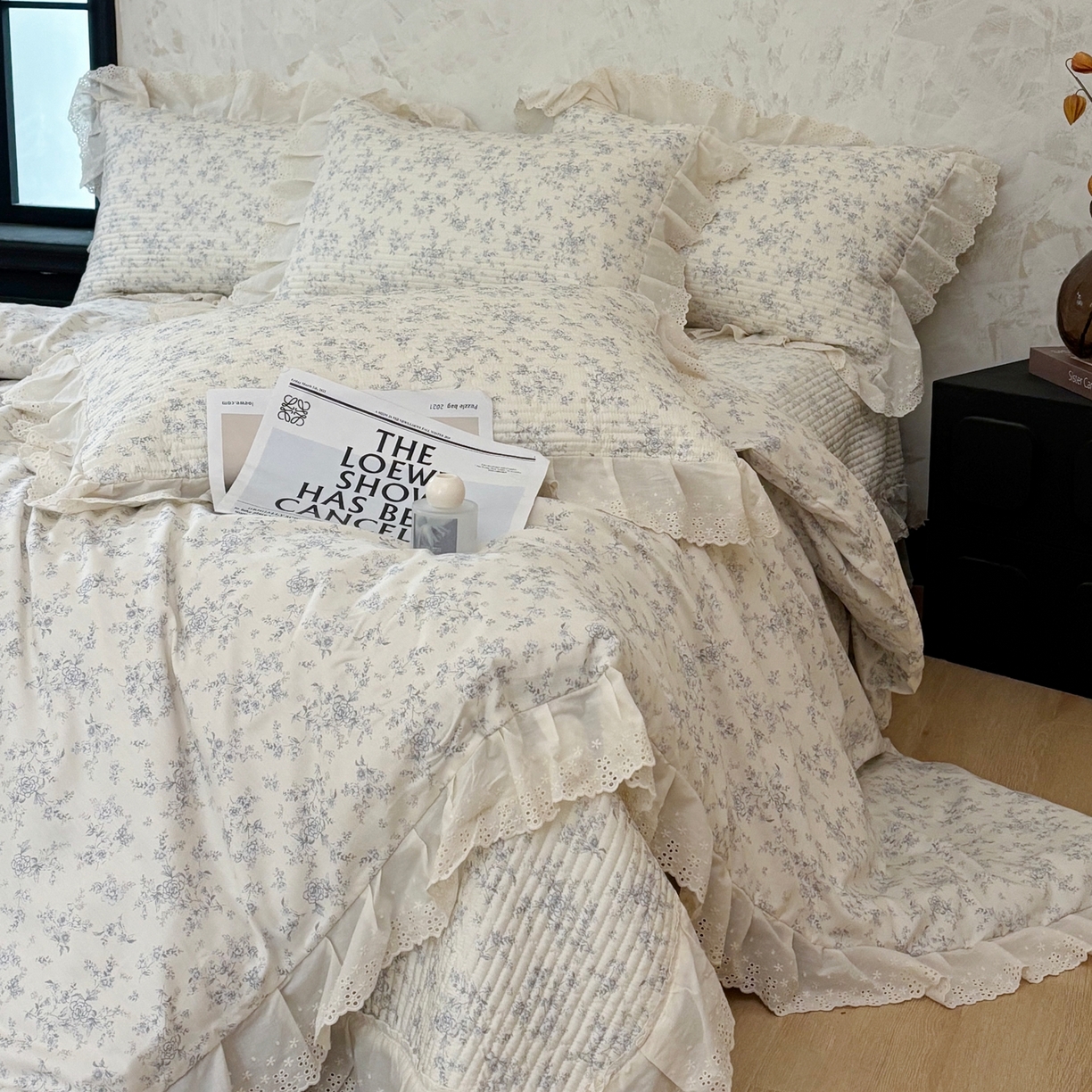 91家纺网 家纺一手货源 找家纺 满座家居 2026新款法式纯棉花边全棉床盖四件套小碎花田园风 南枝