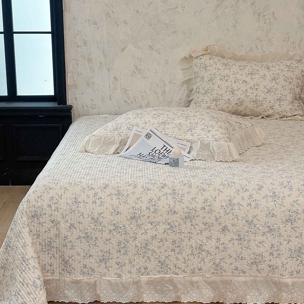 满座家居 2026新款法式纯棉花边全棉床盖四件套小碎花田园风 南枝