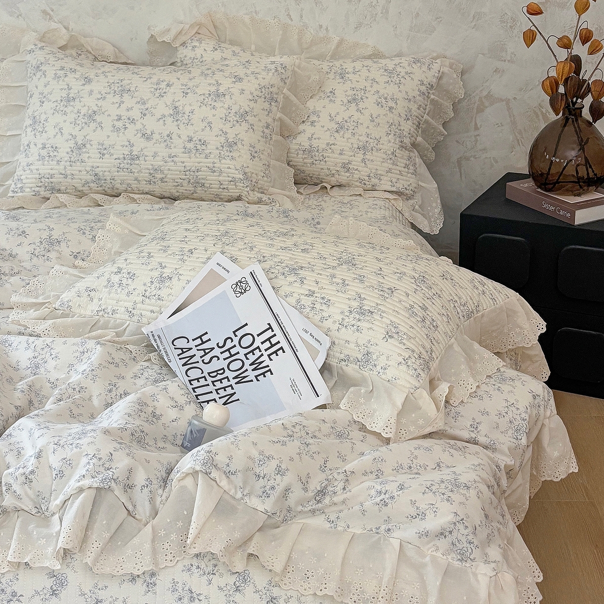 91家纺网 家纺一手货源 找家纺 满座家居 2026新款法式纯棉花边全棉床盖四件套小碎花田园风 南枝