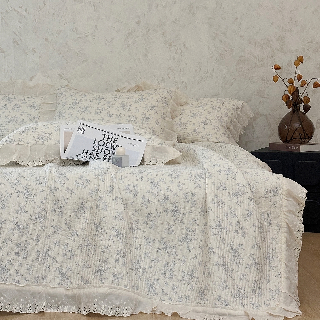 91家纺网 家纺一手货源 找家纺 满座家居 2026新款法式纯棉花边全棉床盖四件套小碎花田园风 南枝