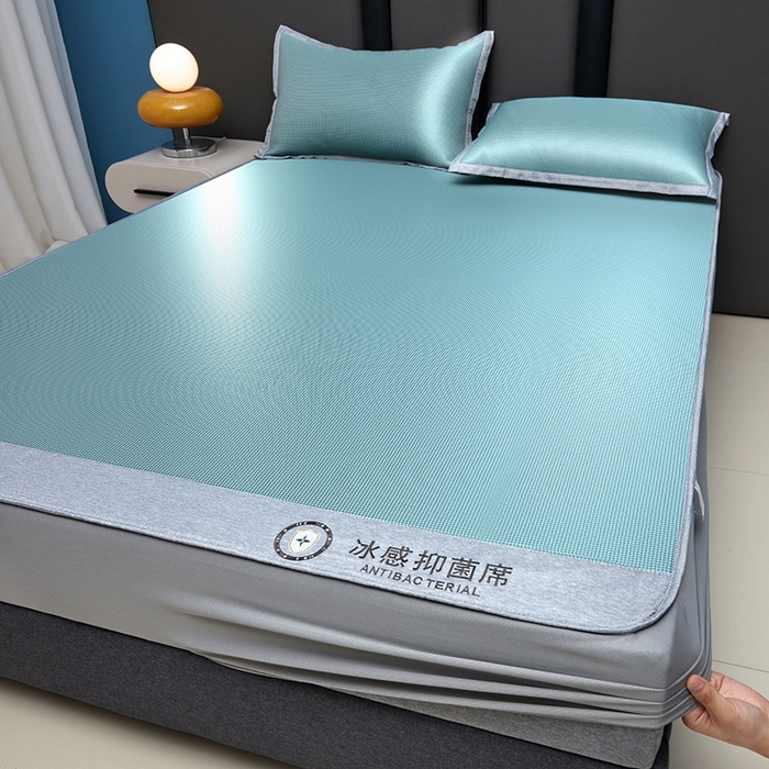 91家纺网 家纺一手货源 找家纺 铺尚美家纺 2026 新款A类复合加厚三明治抗菌碳光冰丝席子凉席三件套 抗菌碳光水丝席床笠款-水绿