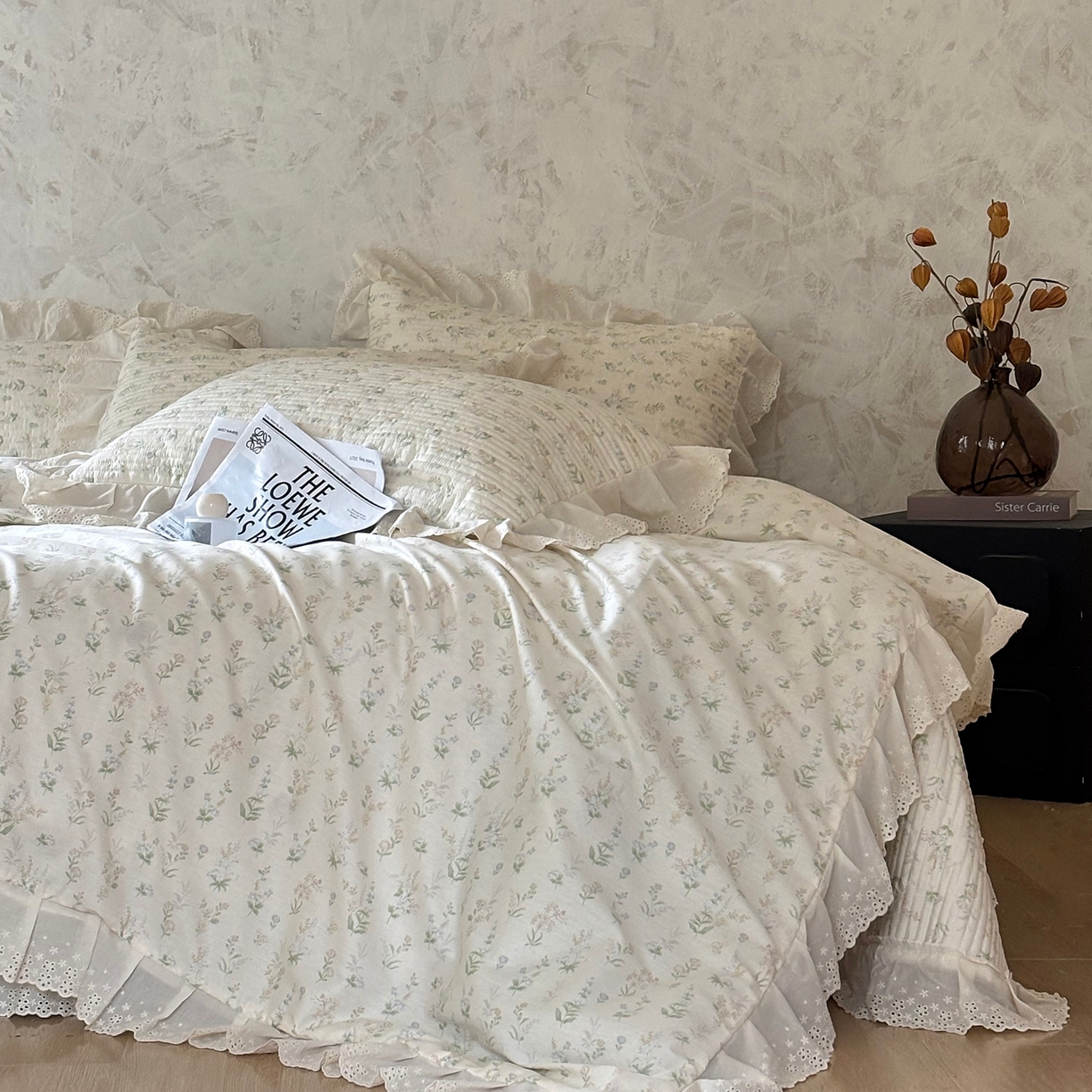 91家纺网 家纺一手货源 找家纺 满座家居 2026新款法式纯棉花边全棉床盖四件套小碎花田园风 青禾