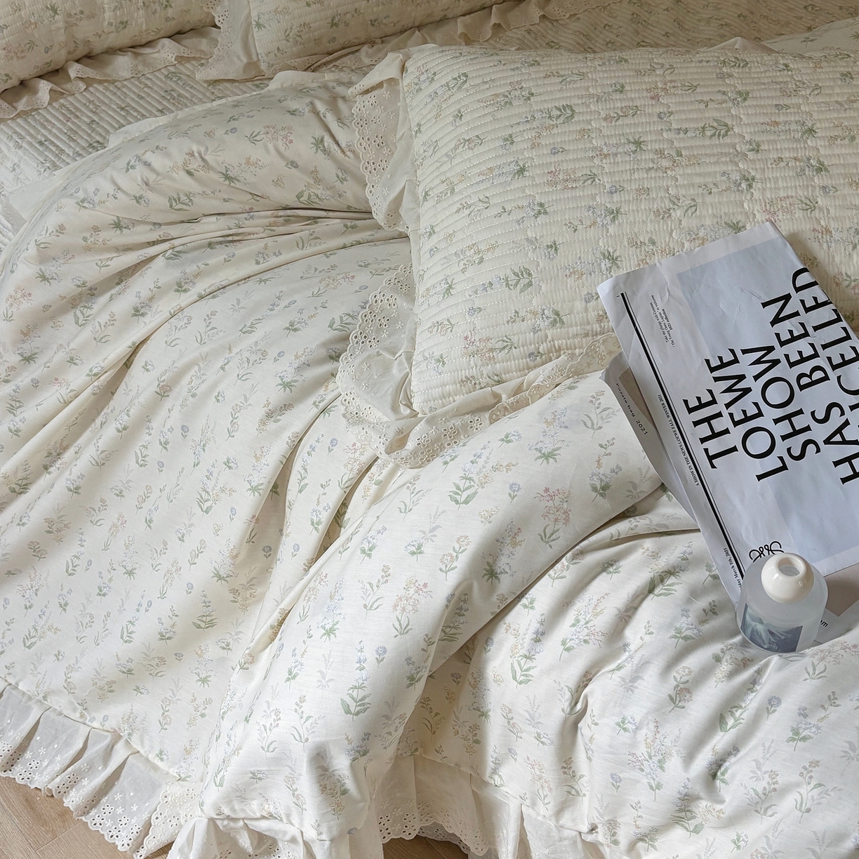 91家纺网 家纺一手货源 找家纺 满座家居 2026新款法式纯棉花边全棉床盖四件套小碎花田园风 青禾