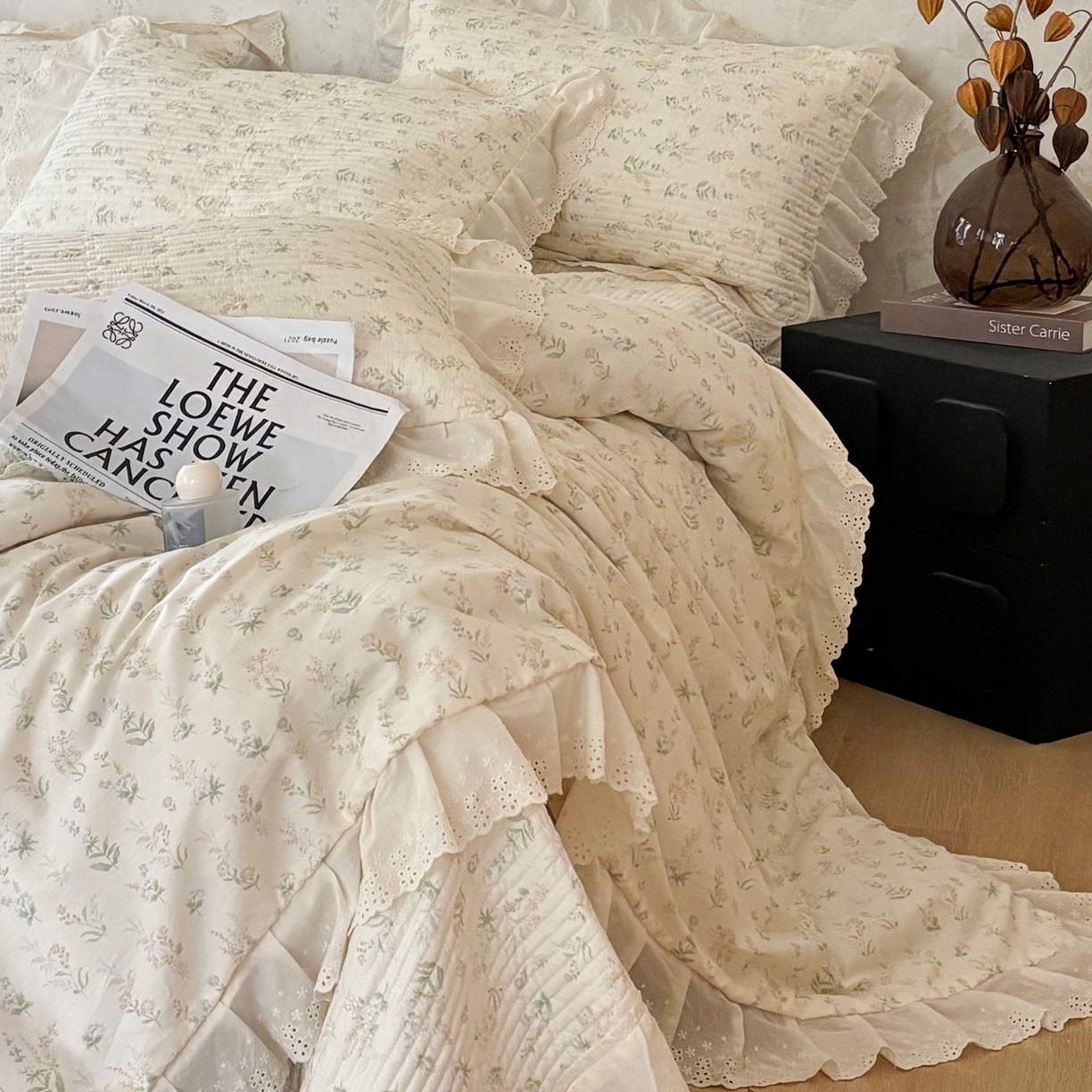 91家纺网 家纺一手货源 找家纺 满座家居 2026新款法式纯棉花边全棉床盖四件套小碎花田园风 青禾