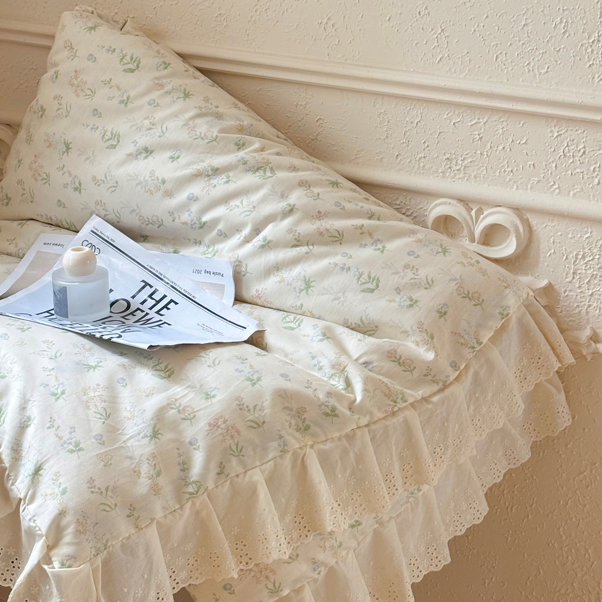 91家纺网 家纺一手货源 找家纺 满座家居 2026新款法式纯棉花边全棉床盖四件套小碎花田园风 青禾