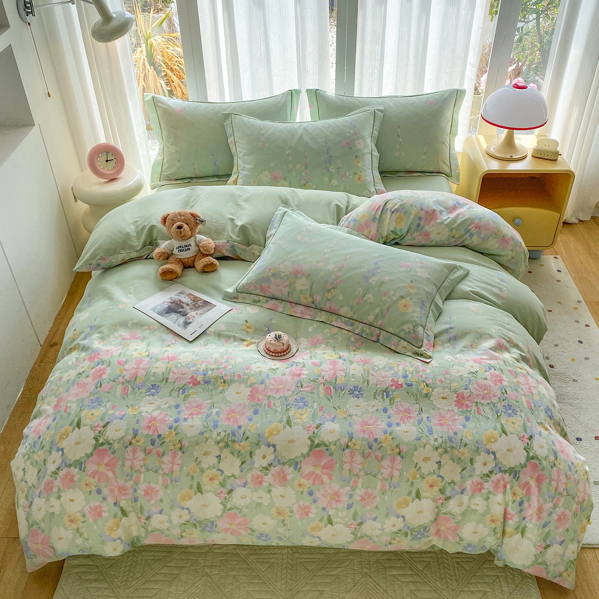 91家纺网 家纺一手货源 找家纺 钰锦铂2026新款直播爆款全棉四件套13070吊边床单一字绣印花纯棉三件套四件套 浣溪沙-绿