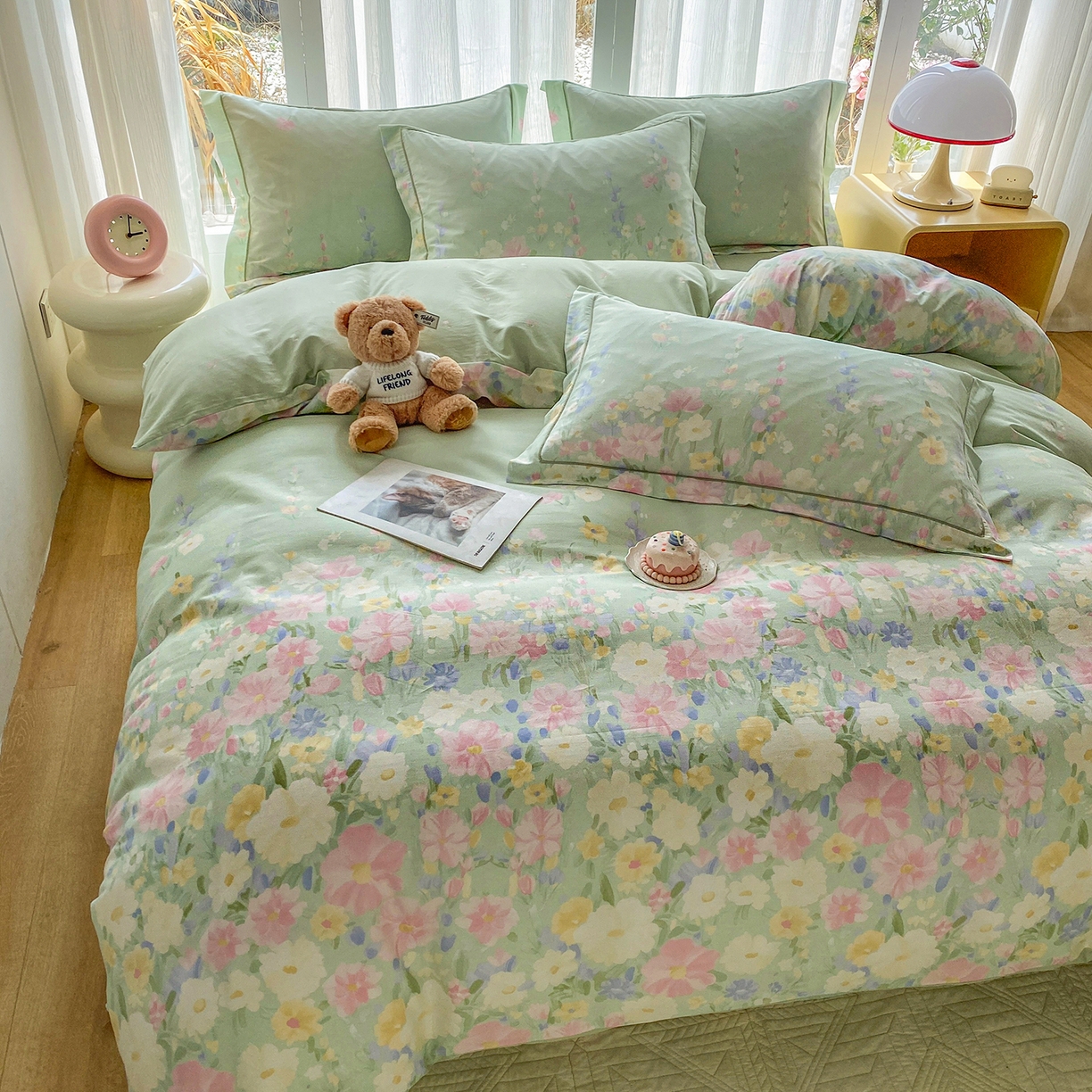 91家纺网 家纺一手货源 找家纺 钰锦铂2026新款直播爆款全棉四件套13070吊边床单一字绣印花纯棉三件套四件套 浣溪沙-绿