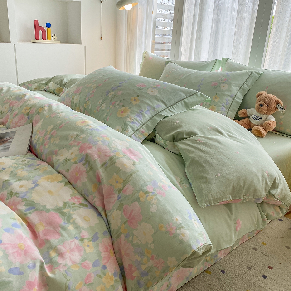 91家纺网 家纺一手货源 找家纺 钰锦铂2026新款直播爆款全棉四件套13070吊边床单一字绣印花纯棉三件套四件套 浣溪沙-绿