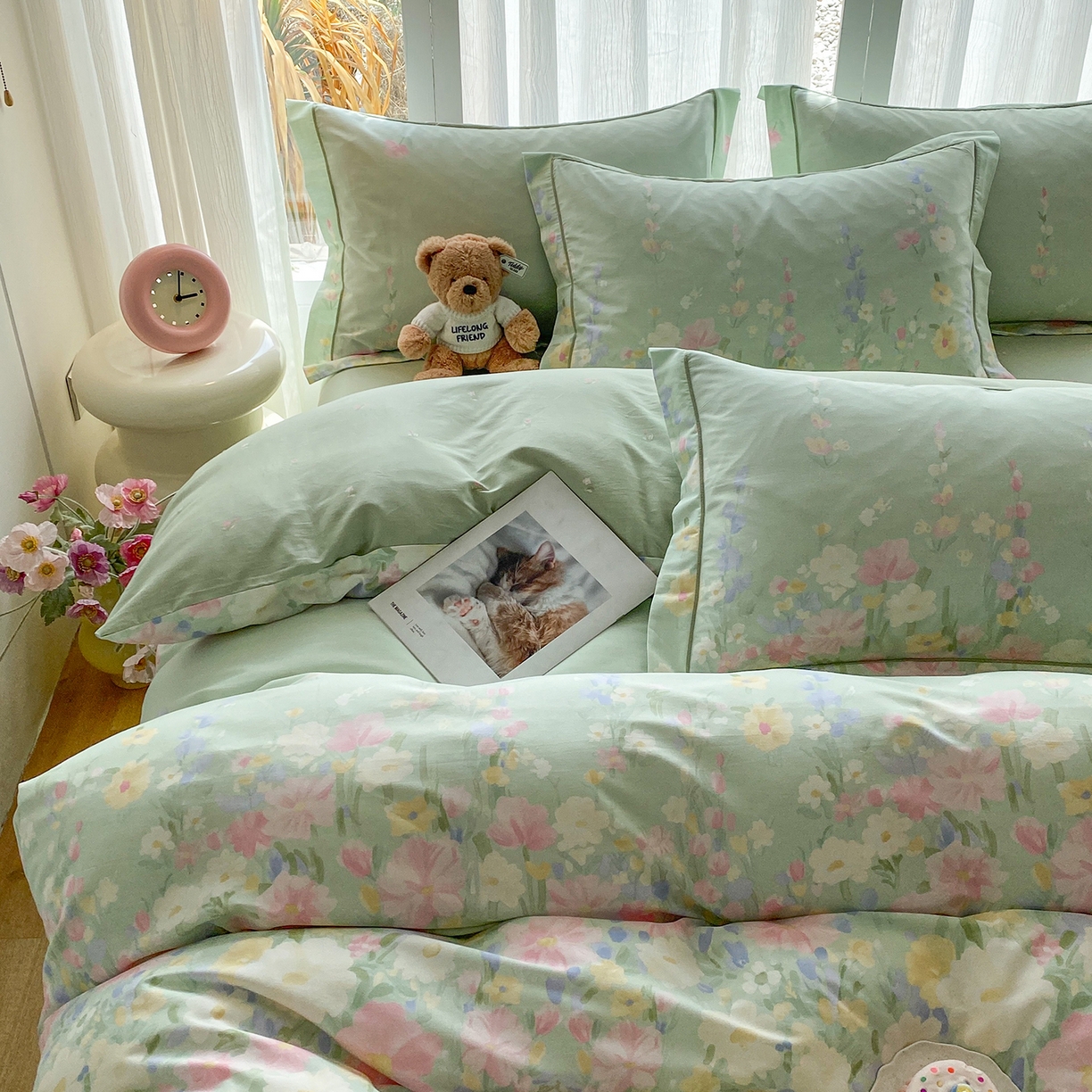 91家纺网 家纺一手货源 找家纺 钰锦铂2026新款直播爆款全棉四件套13070吊边床单一字绣印花纯棉三件套四件套 浣溪沙-绿