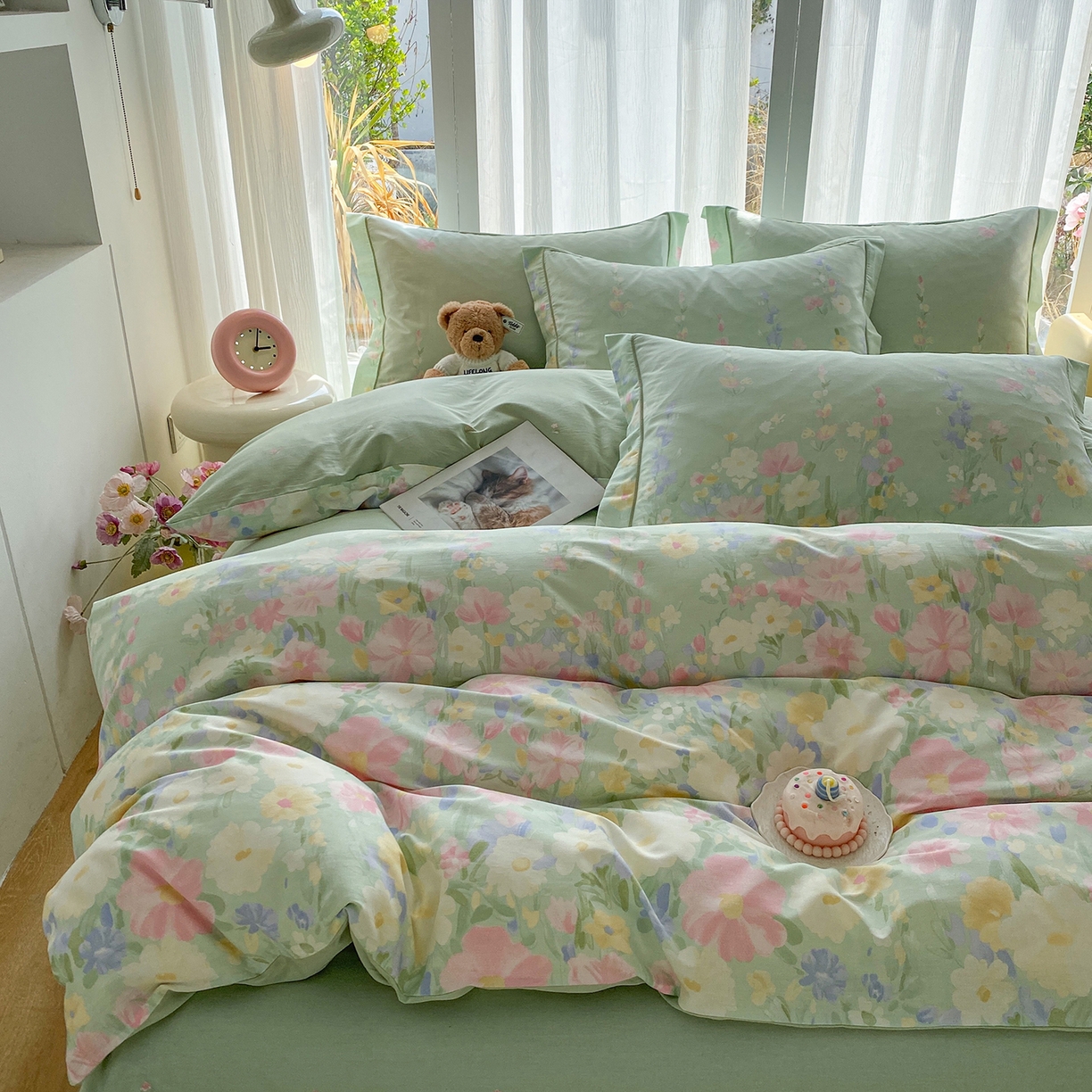 91家纺网 家纺一手货源 找家纺 钰锦铂2026新款直播爆款全棉四件套13070吊边床单一字绣印花纯棉三件套四件套 浣溪沙-绿