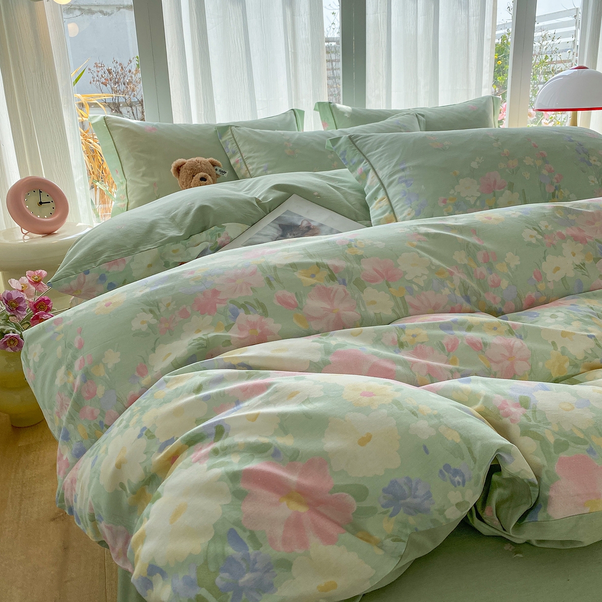 91家纺网 家纺一手货源 找家纺 钰锦铂2026新款直播爆款全棉四件套13070吊边床单一字绣印花纯棉三件套四件套 浣溪沙-绿