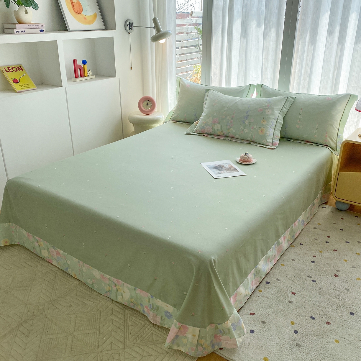 91家纺网 家纺一手货源 找家纺 钰锦铂2026新款直播爆款全棉四件套13070吊边床单一字绣印花纯棉三件套四件套 浣溪沙-绿