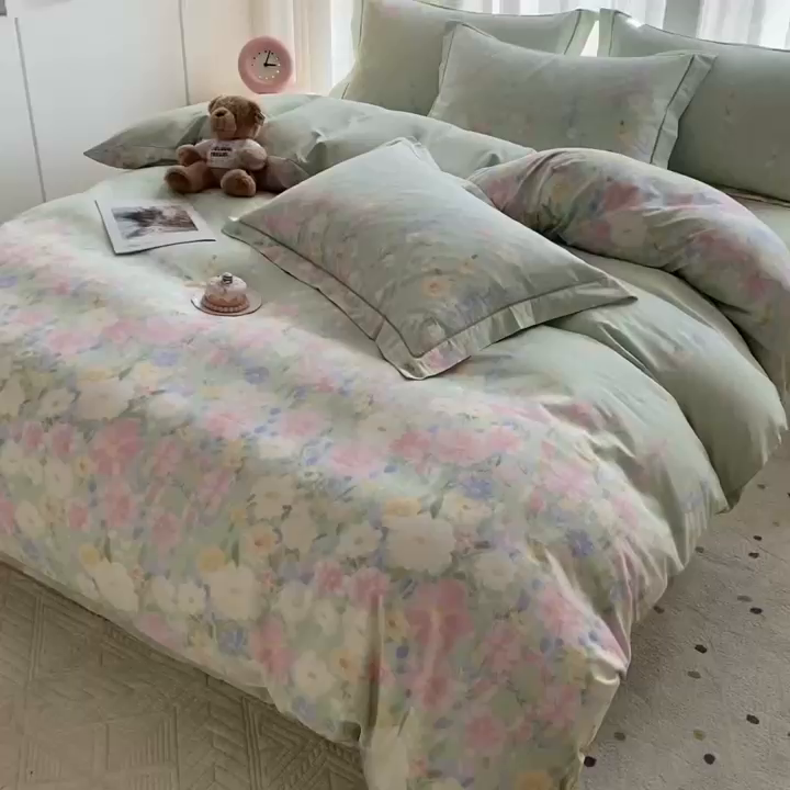 91家纺网 家纺一手货源 找家纺 钰锦铂2026新款直播爆款全棉四件套13070吊边床单一字绣印花纯棉三件套四件套 浣溪沙-绿