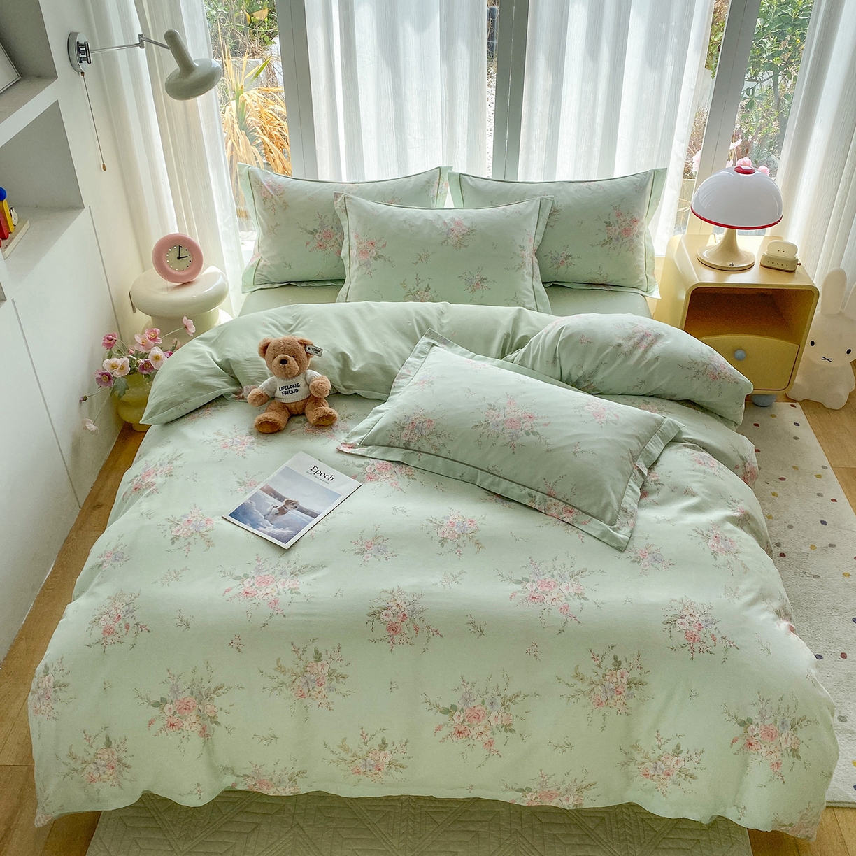 91家纺网 家纺一手货源 找家纺 钰锦铂2026新款直播爆款全棉四件套13070吊边床单一字绣印花纯棉三件套四件套 江南小调—绿